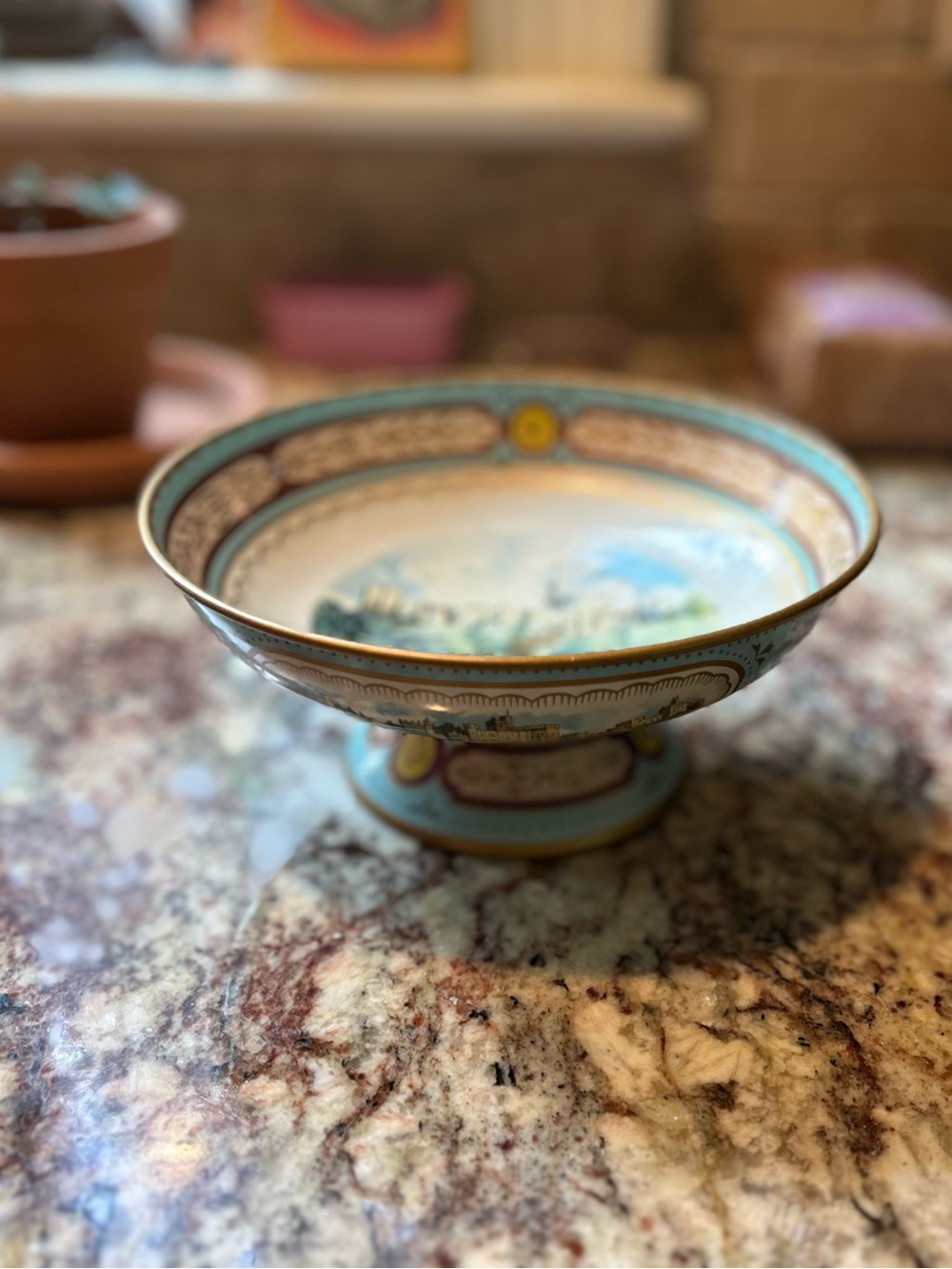 Vintage Baret Ware England Regal Compote Castle Transferware Pedestal Bowl